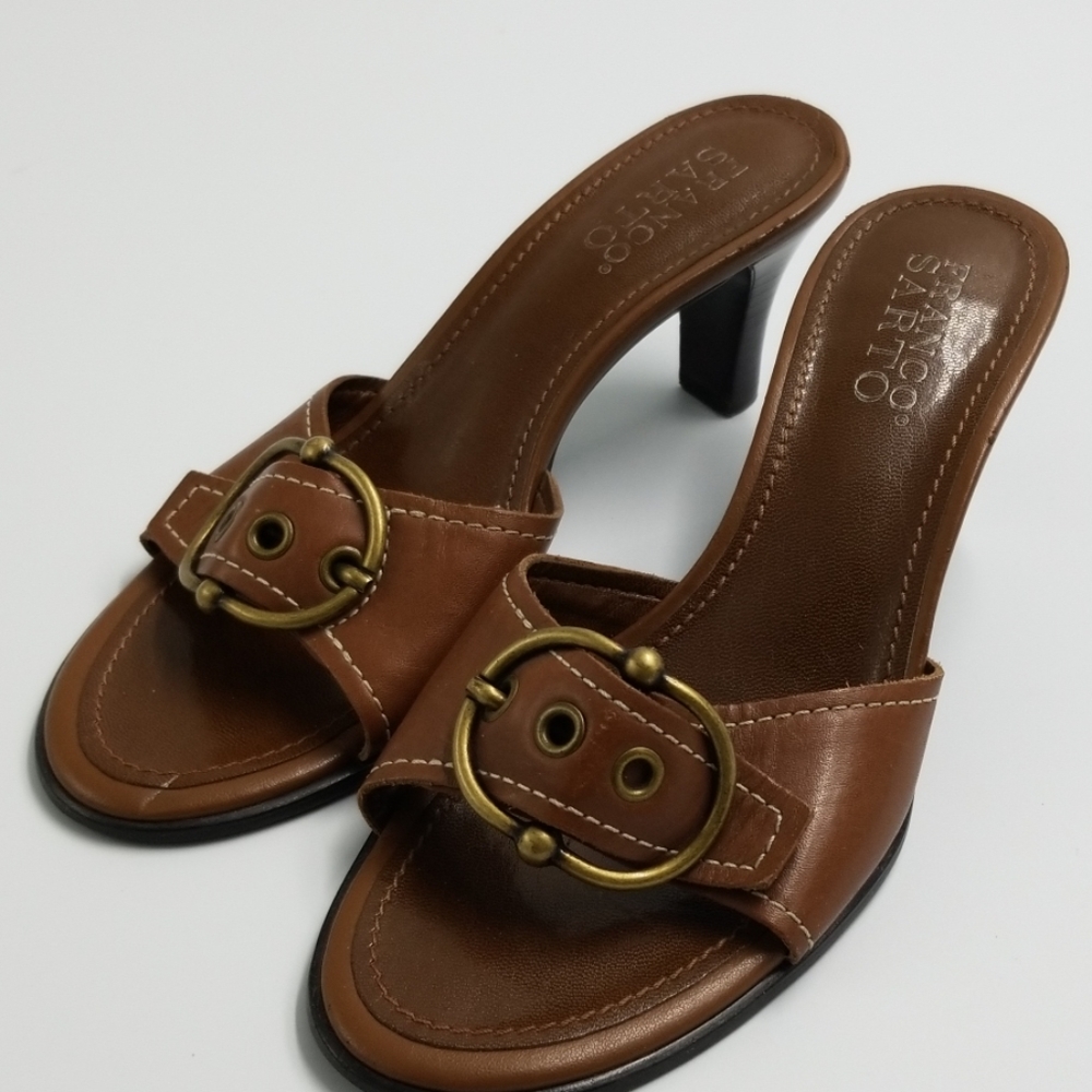 Franco Sarto Brown Leather Buckle Strap Heel